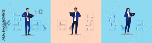 Businesspeople with computers - Set of vector illustrations of businessman and businesswoman standing holding laptop  smiling and working. Flat design