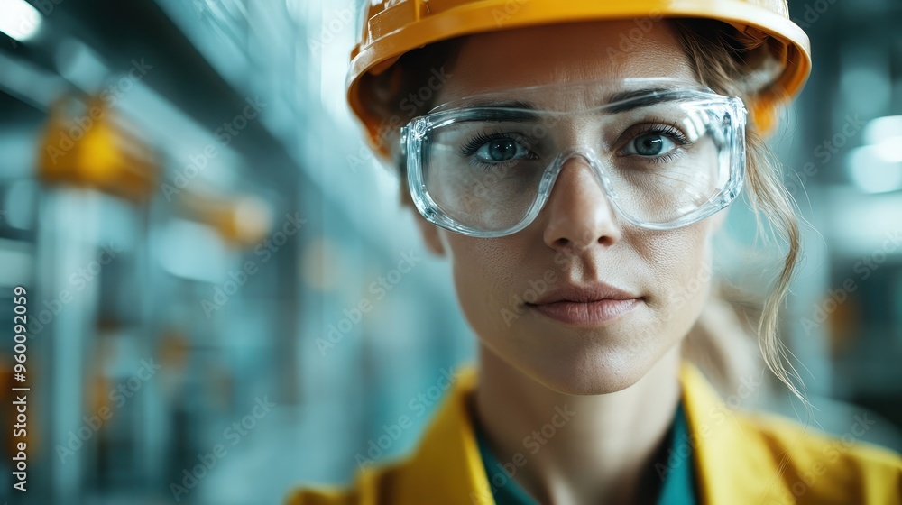 A determined female worker wearing a yellow hard hat and safety glasses, showcasing professionalism and dedication in an industrial setting, representing strength and skill. A determined female worker wearing a yellow hard hat and safety glasses, showcasing professionalism and dedication in an industrial setting, representing strength and skill.