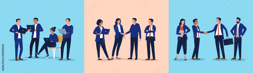 Business teamwork people vector illustrations - Team or group of corporate professional businesspeople working together, shaking hands and cooperating in flat design Business teamwork people vector illustrations - Team or group of corporate professional businesspeople working together, shaking hands and cooperating in flat design