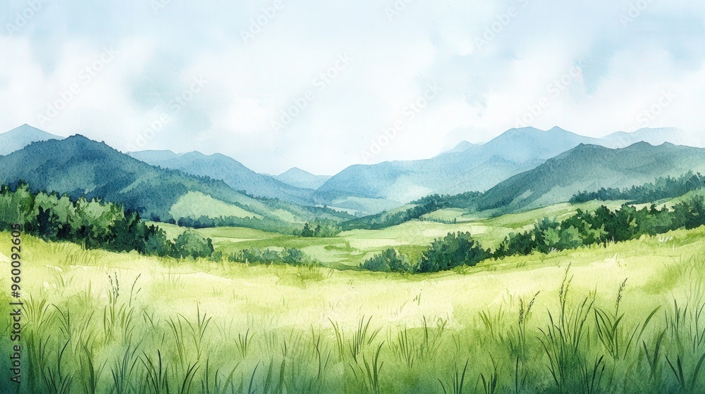 Fototapeta premium Serene Watercolor Landscape of Green Grasslands and Distant Hills