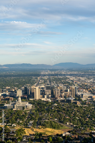 Sunset views of the Salt Lake Valley and Wasatch Range from Ensign Peak, Utah.