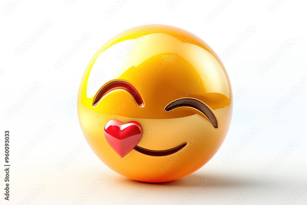 Fototapeta premium A kissing face emoji icon with a glossy reflective surface isolated background