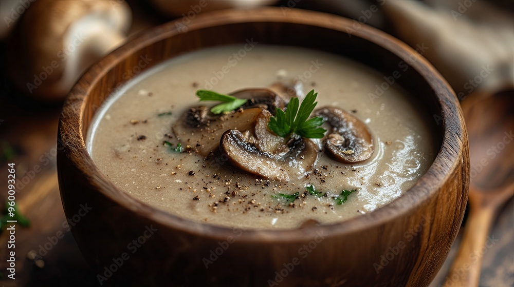Mushroom soup in a wooden bowl Mushroom soup in a wooden bowl