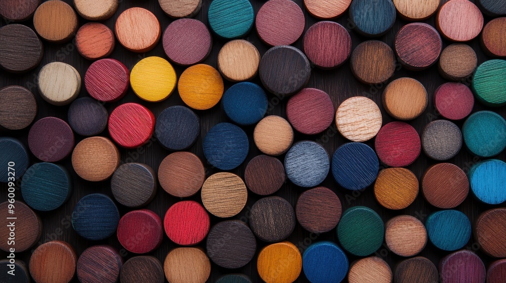 Various colorful wooden discs are arranged neatly in a grid pattern. This close-up view displays the diversity in color and texture, ideal for artistic illustrations. Various colorful wooden discs are arranged neatly in a grid pattern. This close-up view displays the diversity in color and texture, ideal for artistic illustrations.