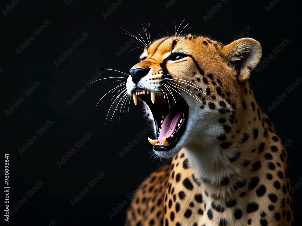 Obraz premium close up portrait of roaring cheetah, studio light , natural black plain background