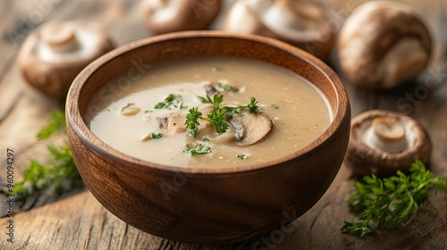 Mushroom soup in a wooden bowl 