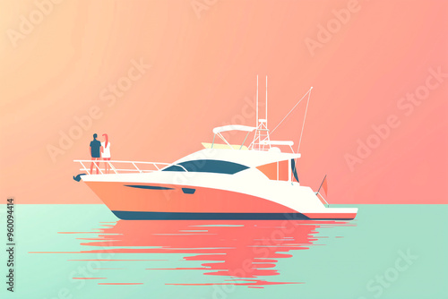 A couple enjoying a serene sunset cruise on a luxury yacht, floating on calm waters.