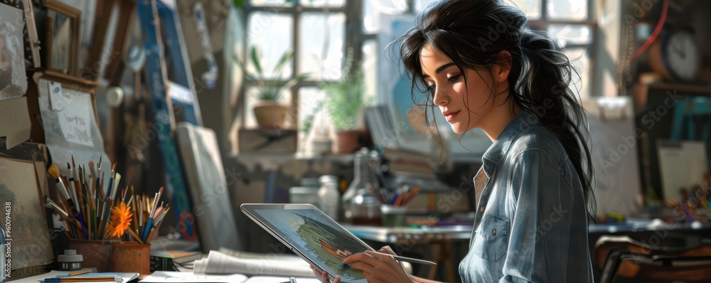 Young female artist focused on creating digital art, surrounded by a colorful, creative studio environment. Free copy space for text. Young female artist focused on creating digital art, surrounded by a colorful, creative studio environment. Free copy space for text.