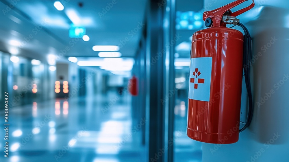 Brightly lit hallway with a red fire extinguisher on the wall highlighting safety measures in a modern building environment Brightly lit hallway with a red fire extinguisher on the wall highlighting safety measures in a modern building environment