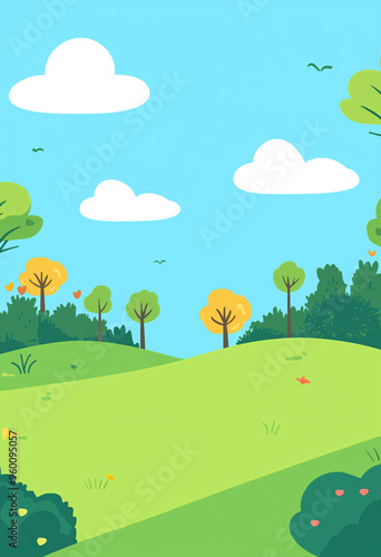 Flat illustration, green grassland background, simple and cute style, simple lines, vector illustrations, simple minimalism, cartoon characters, cartoon decorations, simple colors, cartoon elements, v