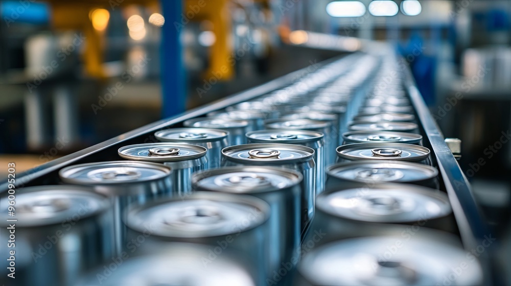 Production of tin cans in a factory on a conveyor belt Production of tin cans in a factory on a conveyor belt