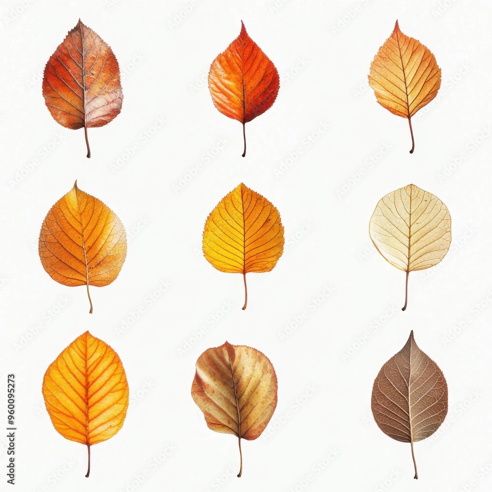 A watercolor illustration of various autumn leaves in shades of red, orange, and yellow on a white background with margins, centered composition A watercolor illustration of various autumn leaves in shades of red, orange, and yellow on a white background with margins, centered composition