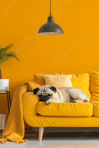 Minimalist room with a resting pug peacefully sleeping on a couch  AI generated illustration photo