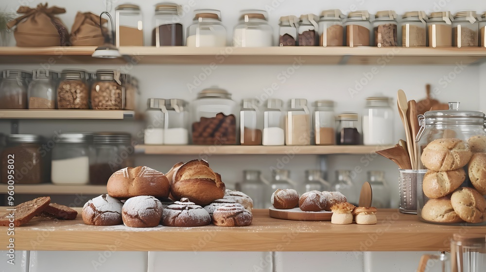 Minimalistic organization of baked goods on a kitchen shelf AI generated illustration Minimalistic organization of baked goods on a kitchen shelf AI generated illustration
