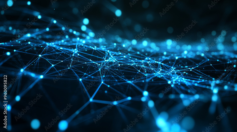 A futuristic internet network is shown, with blue lines representing information flowing in a dark, digital space. This design highlights the power of AI, big data, and innovation in modern technology A futuristic internet network is shown, with blue lines representing information flowing in a dark, digital space. This design highlights the power of AI, big data, and innovation in modern technology