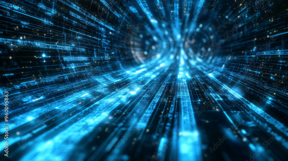 A futuristic internet network is shown, with blue lines representing information flowing in a dark, digital space. This design highlights the power of AI, big data, and innovation in modern technology A futuristic internet network is shown, with blue lines representing information flowing in a dark, digital space. This design highlights the power of AI, big data, and innovation in modern technology