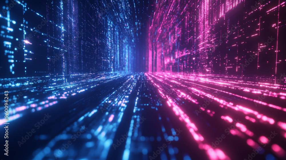 A futuristic scene with glowing blue and pink colors. It represents the digital world, fast connections, and the future of technology. The image includes ideas like artificial intelligence. A futuristic scene with glowing blue and pink colors. It represents the digital world, fast connections, and the future of technology. The image includes ideas like artificial intelligence.