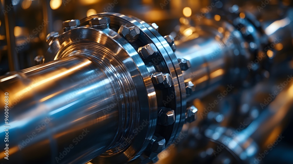 Close-Up of Gas Pipeline Valves in Refinery: A detailed shot of valves and connectors on large industrial gas pipelines, with metallic surfaces reflecting the refinery's lighting. Close-Up of Gas Pipeline Valves in Refinery: A detailed shot of valves and connectors on large industrial gas pipelines, with metallic surfaces reflecting the refinery's lighting.