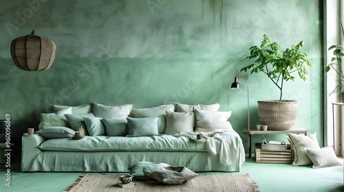 Pale washed-out green tones that instill a sense of harmony and balance  AI generated illustration photo