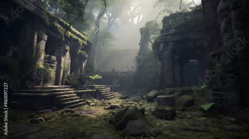 Ancient Stone Courtyard of Ruined Temple in Overgrown Jungle with Sunbeams