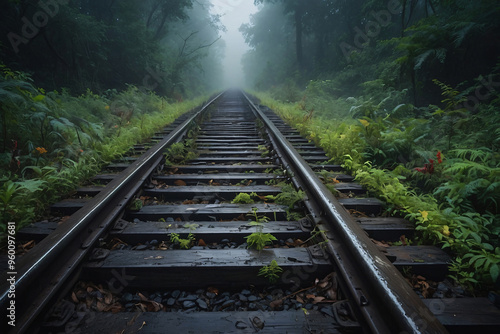 Empty railroad tracks amidst trees in forest,Ocoee,Tennessee,United States,USA photo