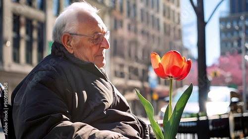 Elderly man with Parkinson's disease enjoying wheelchair outing with tulip in urban setting