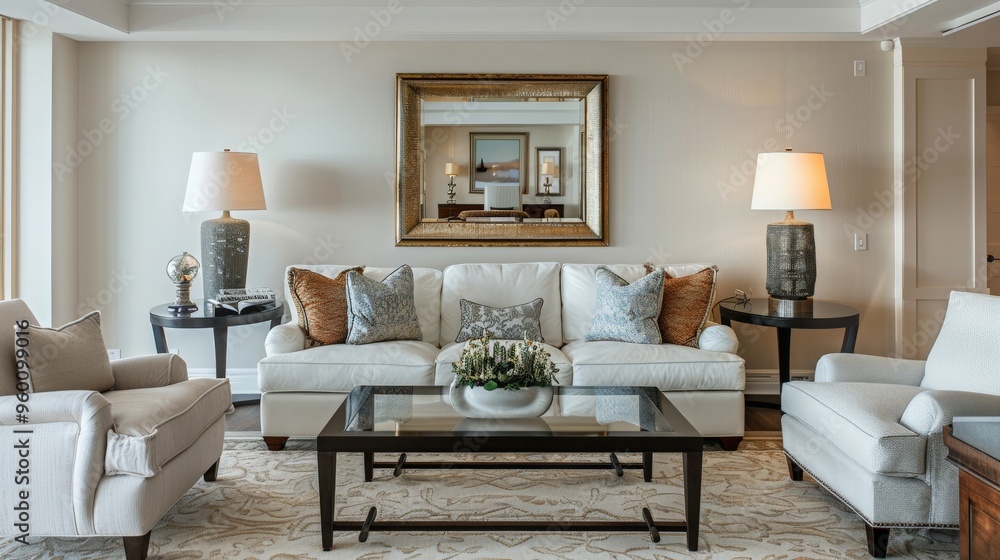 Living room with comfortable seating and a decorative wall mirror Living room with comfortable seating and a decorative wall mirror