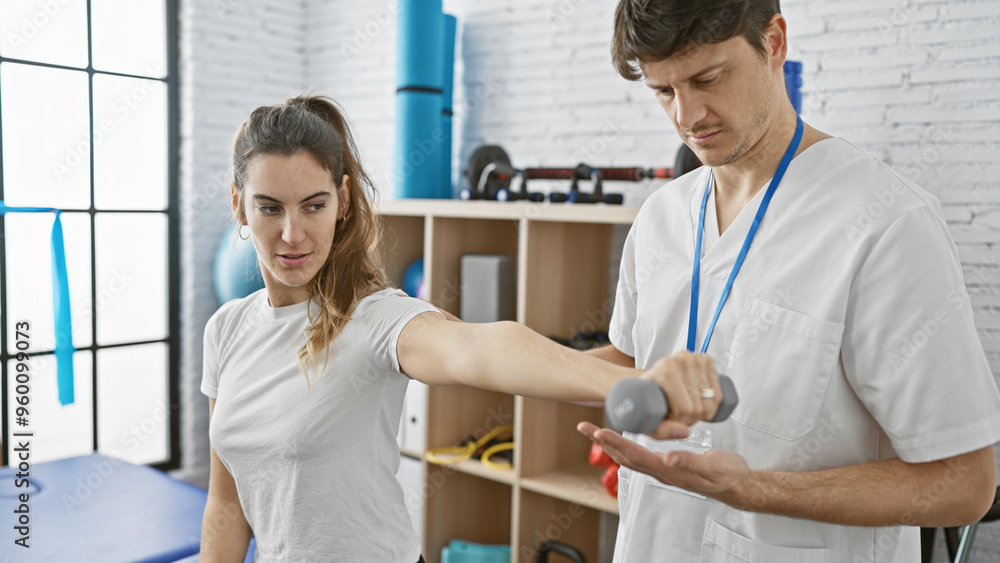 A woman exercises her arm with a dumbbell under the guidance of a male physiotherapist in a rehab clinic. A woman exercises her arm with a dumbbell under the guidance of a male physiotherapist in a rehab clinic.