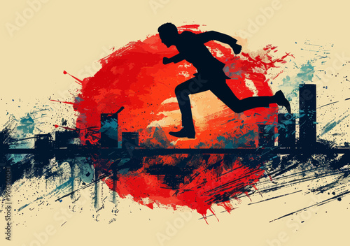 Business Manager Leaping Over Obstacles in Urban Setting - Conceptual Vector Illustration of Overcoming Challenges and Achieving Success, Dynamic Jump Reflecting Goal Setting and Determination