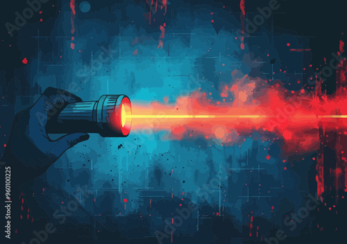 Hand Holding Flashlight Uncovering Hidden Target, Business Concept Illustration Depicting Discovery and Focus, Minimalistic Vector Art in Blue and Red Tones