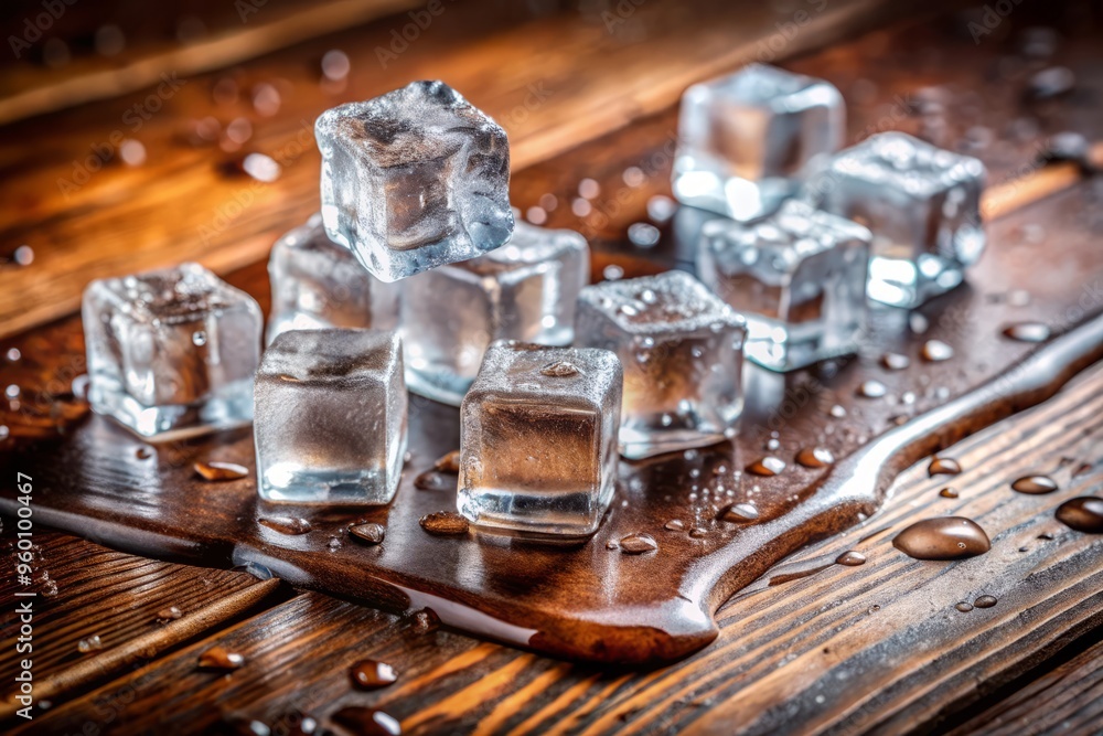 A close-up shot of an ice cube tray, overfilled with cubes, spilling onto a wooden table, surrounded by scattered water droplets, conveying a sense of careless abandon. A close-up shot of an ice cube tray, overfilled with cubes, spilling onto a wooden table, surrounded by scattered water droplets, conveying a sense of careless abandon.