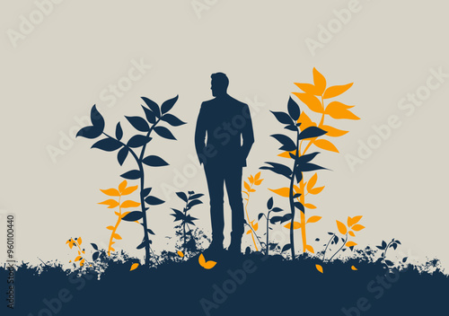 Business Growth and Success Concept: Silhouette of Confident Businessperson Among Blossoming Plants, Minimalistic Vector Illustration