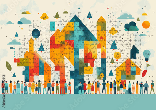 Collaborative Teamwork Assembling Success Puzzle with Rising Arrow Symbolizing Growth and Achievement - Minimalist Vector Art Illustration