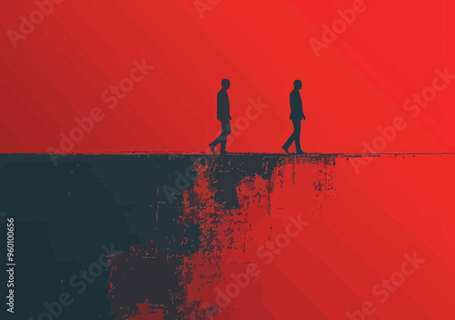 Minimalistic Business Illustration of Managers Competing and Overcoming Obstacles at Night, Depicting Corporate Advantage and Leadership in Silhouette on Textured Red Background