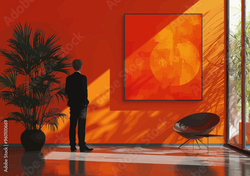 Businessman in Elegant Modern Office Contemplating Art on Orange Wall with Sunlight, Minimalistic Corporate Environment, Professional and Stylish Workspace