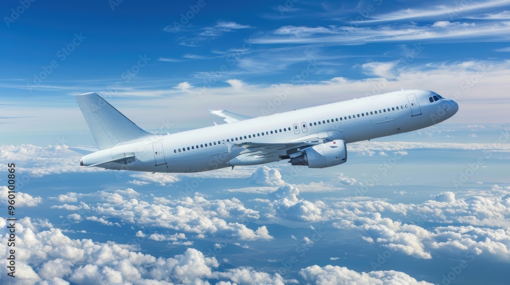 Obraz premium Commercial airplane flying in the blue sky with white clouds.