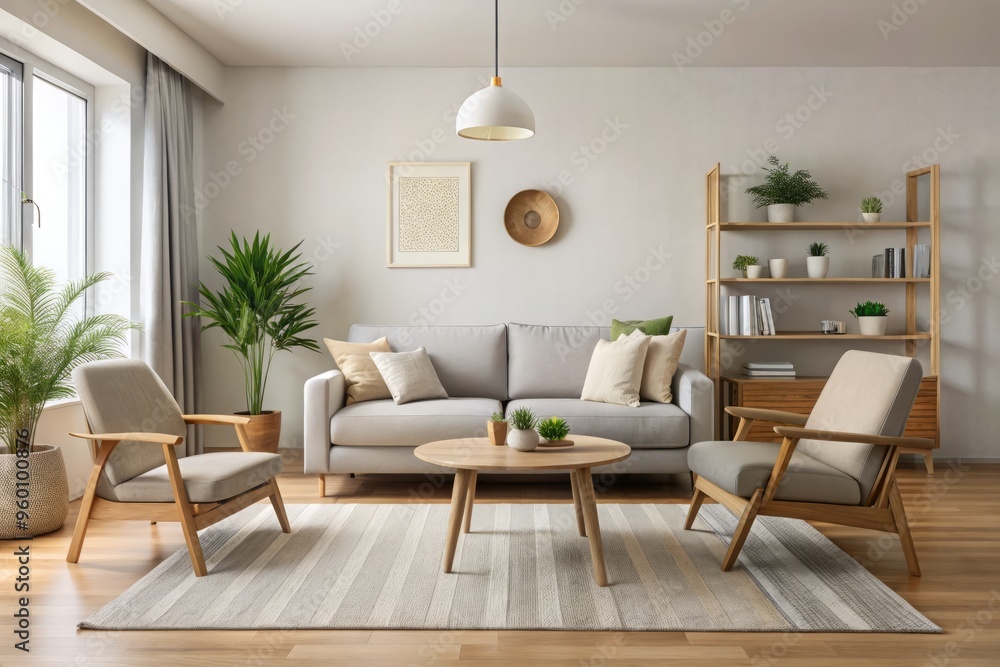 In this calming retreat, a comfortable couch and chair pair is paired with a low-profile coffee table and In this calming retreat, a comfortable couch and chair pair is paired with a low-profile coffee table and