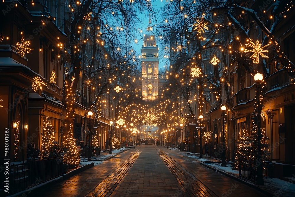 A city square aglow with holiday lights, creating a magical winter scene. A city square aglow with holiday lights, creating a magical winter scene.