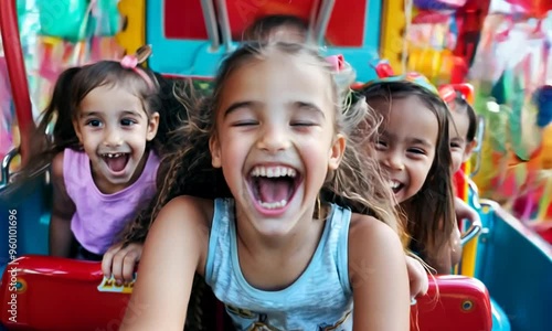 Three little girls having fun on a carnival ride