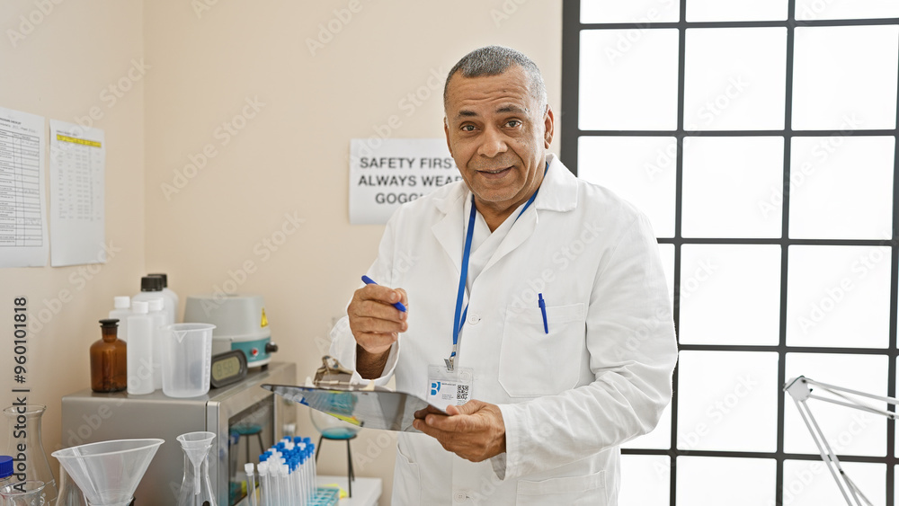 A middle-aged hispanic man in a lab coat writing on a clipboard in a hospital laboratory. A middle-aged hispanic man in a lab coat writing on a clipboard in a hospital laboratory.