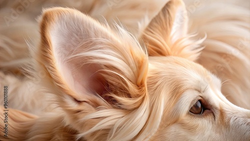 Soft, fluffy, and delicate, a dog's ear is showcased in exquisite detail, with gentle curves and intricate folds, inviting a sense of touch and intimacy. photo