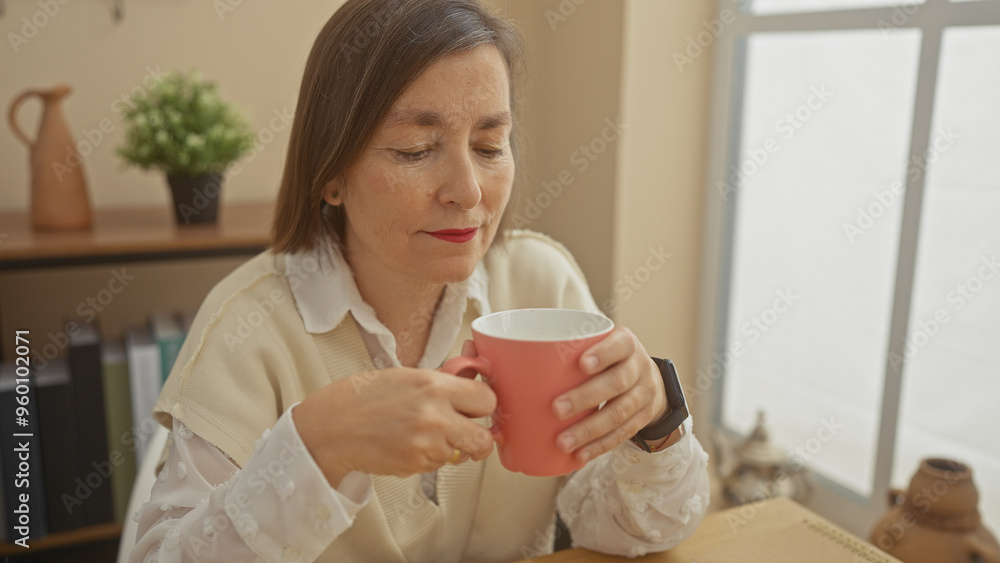 Middle-aged woman enjoys a cup of coffee indoors in a cozy home setting, embodying tranquility Middle-aged woman enjoys a cup of coffee indoors in a cozy home setting, embodying tranquility