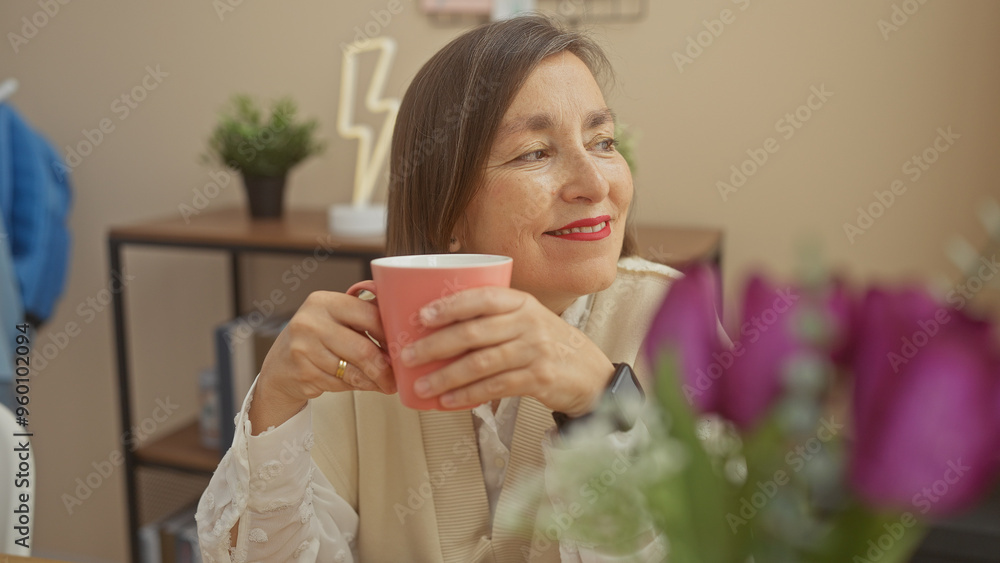A mature woman enjoying a cup of coffee in a cozy, well-decorated living room. A mature woman enjoying a cup of coffee in a cozy, well-decorated living room.