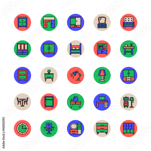 Furniture and Room Decoration, Set of colorful furniture icons