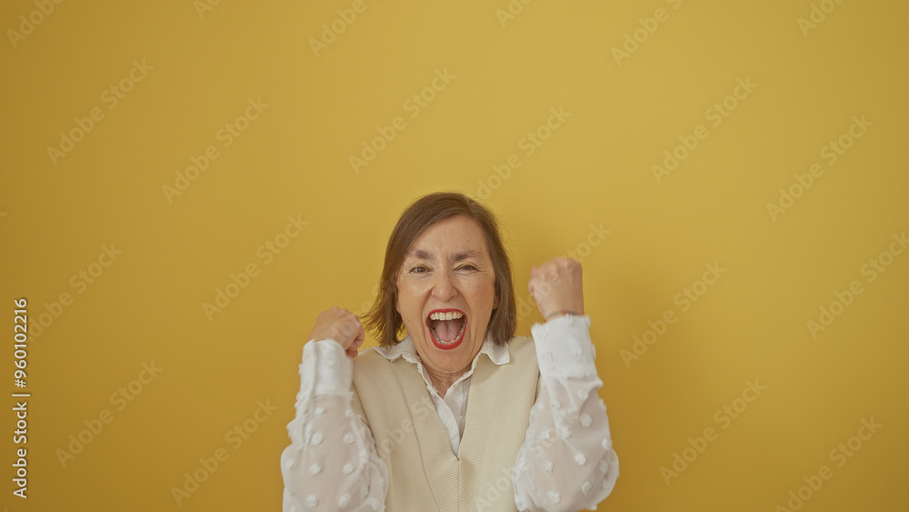 Excited mature woman with short hair celebrates, clenching fists against a vibrant yellow background. Excited mature woman with short hair celebrates, clenching fists against a vibrant yellow background.