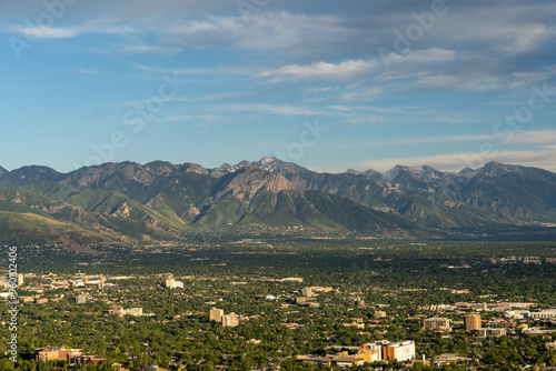 Sunset views of the Salt Lake Valley and Wasatch Range from Ensign Peak, Utah.
