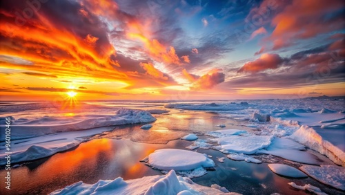A stunning, high-dynamic-range image of an ice sheet at sunset, with vibrant oranges and pinks illuminating the snow and ice