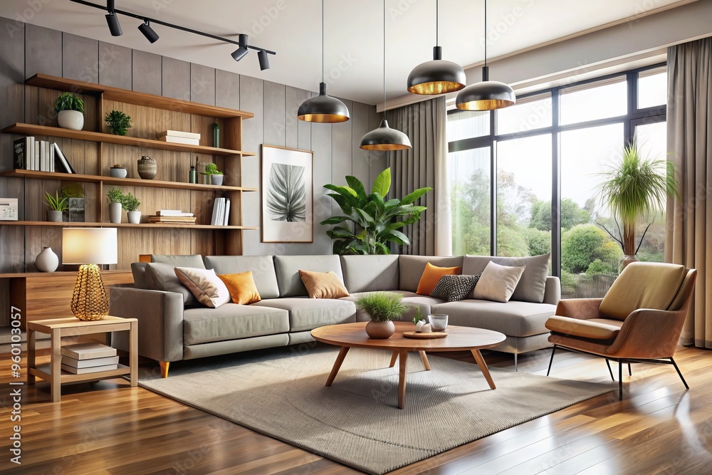 In this expansive living room, a curated selection of contemporary furniture pieces creates a sense of relaxed In this expansive living room, a curated selection of contemporary furniture pieces creates a sense of relaxed