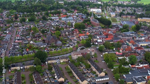 An aerial panorama view around the old town of the city Kollum on a sunny summer day in the Netherlands photo