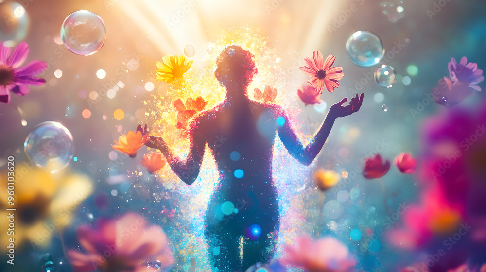 A figure bursting with bright, colorful light, with vibrant rays of sunshine spreading in all directions, surrounded by blooming flowers and floating bubbles, representing pure happiness and joy A figure bursting with bright, colorful light, with vibrant rays of sunshine spreading in all directions, surrounded by blooming flowers and floating bubbles, representing pure happiness and joy